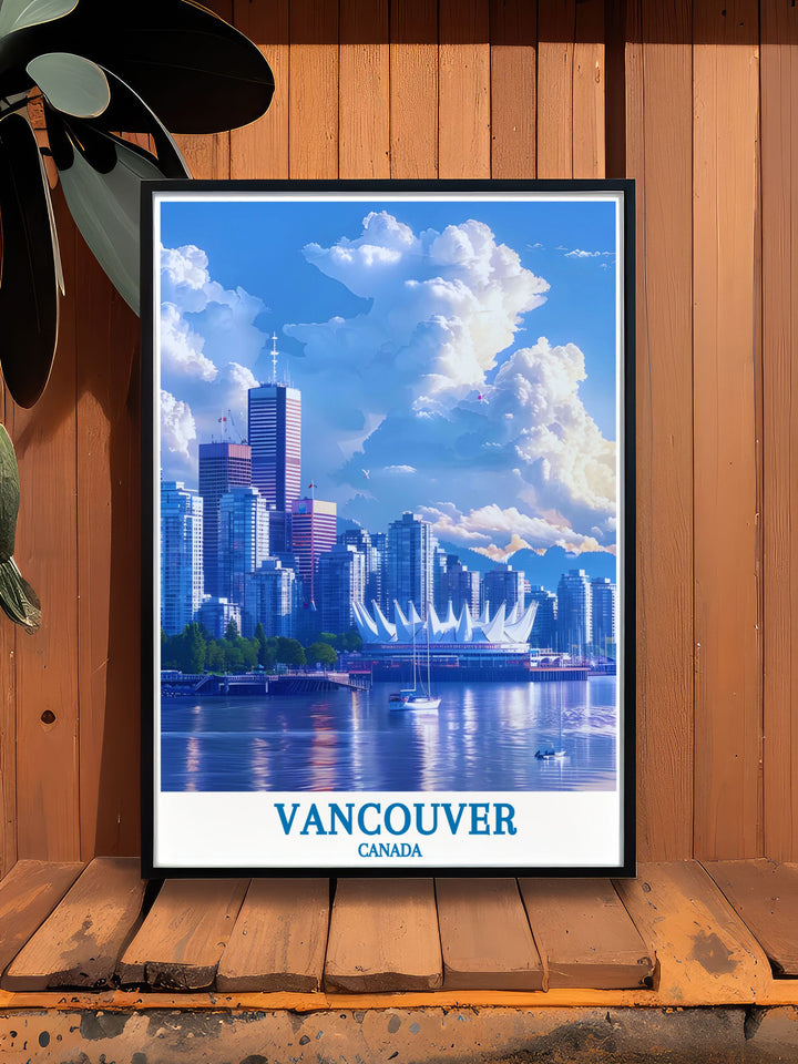 Experience the beauty of Vancouvers Canada Place with this stunning artwork. The print showcases the landmarks unique sail like roof and scenic waterfront, making it an ideal addition to any collection of architectural art.