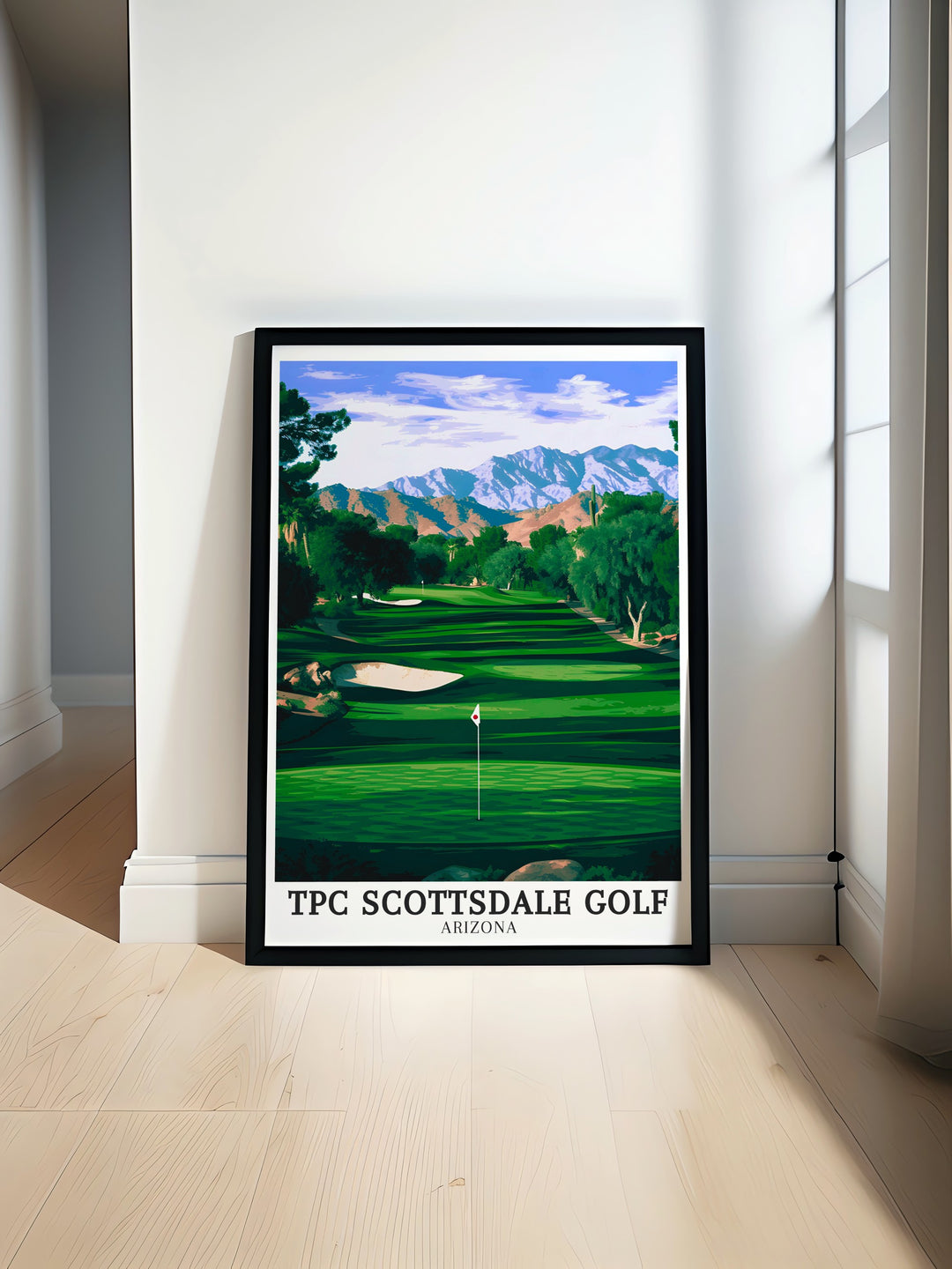 TPC Scottsdale canvas art brings the excitement of Arizonas famous golf course into your home. With a view of the perfectly manicured fairways and the McDowell Mountains in the distance, this artwork is perfect for golf fans and nature lovers alike.