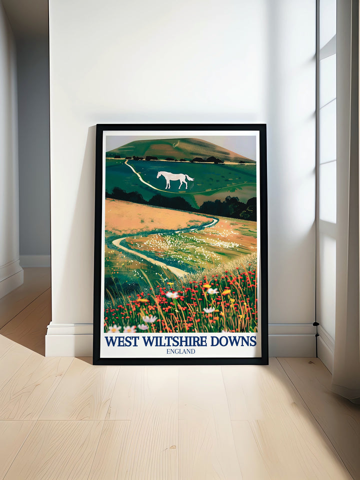 Beautiful UK travel poster featuring Westbury Hill and the Westbury white horse perfect for adding elegance to your living room or office space ideal for vintage travel print enthusiasts and history lovers