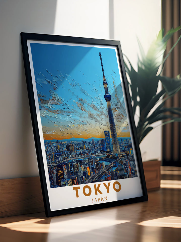 This Tokyo travel print captures the breathtaking view of the city with the Tokyo Skytree in the foreground and the serene beauty of Mount Fuji in the background. Perfect for Japan lovers, this framed artwork blends urban and natural elements, highlighting the countrys rich contrasts.