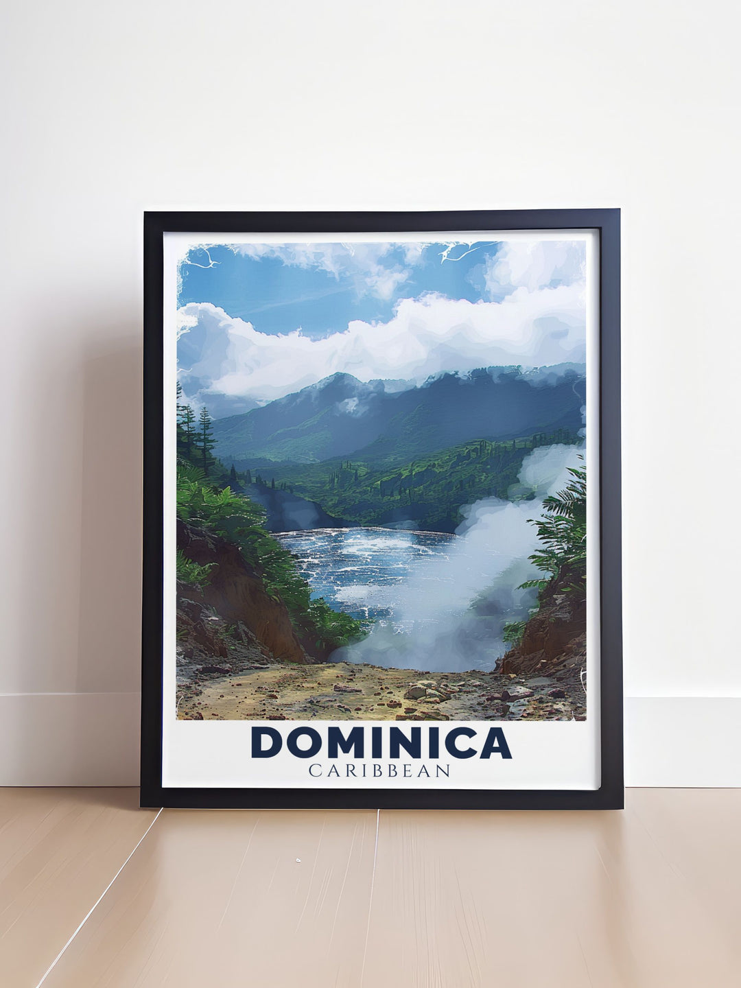 Caribbean Poster of Boiling Lake in Dominica capturing the steaming mist and vibrant scenery a perfect piece of Dominican wall art that brings the spirit of the island into your home suitable for various gifting occasions