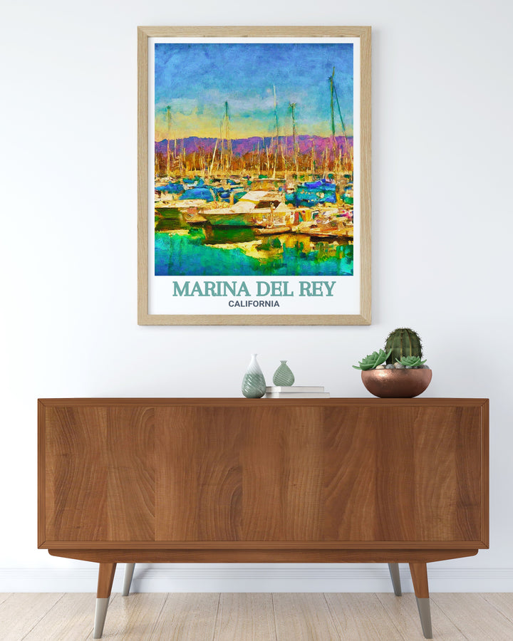 Marina del Rey wall art poster showcasing a detailed city map and vibrant color palette. Marina del Rey Harbor adds a touch of coastal beauty to this modern print making it an excellent choice for living room decor or as a thoughtful gift for friends.