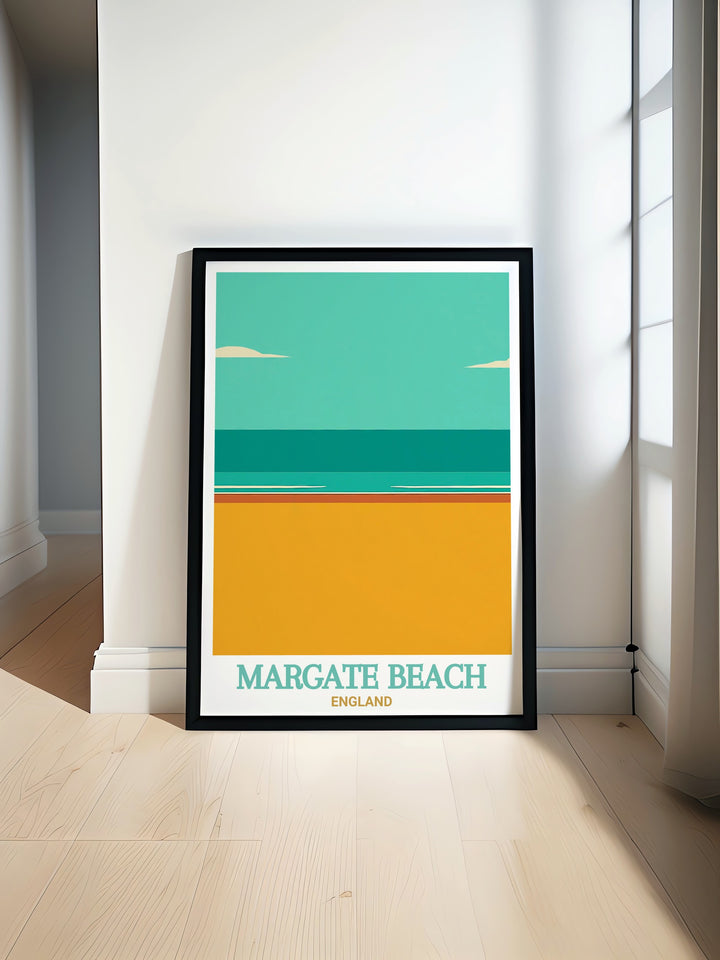 Our Margate Beach Poster Print captures the lively spirit of Margate Main Sands and the charming town seafront. Ideal for coastal decor lovers, this framed art offers a vibrant view of the UKs beloved seaside.