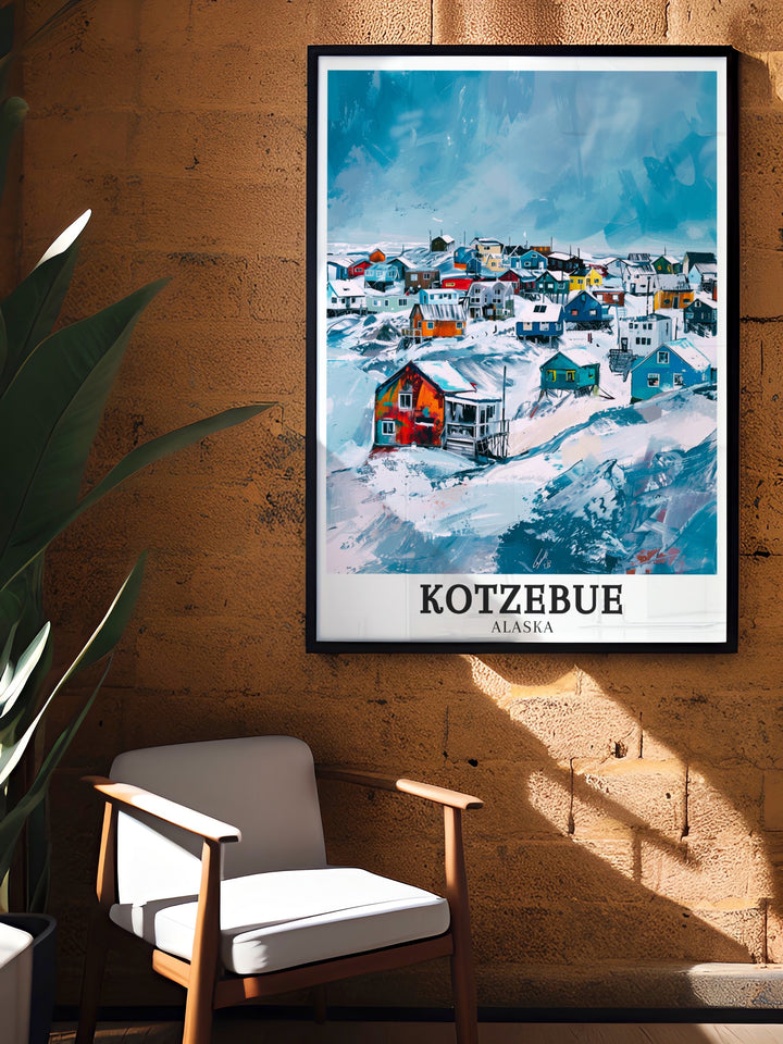 Travel print featuring Kotzebue and the Baldwin Peninsula offering a detailed look at the Arctic landscapes and the cultural significance of this historic area a thoughtful gift for anyone fascinated by Alaskas native communities