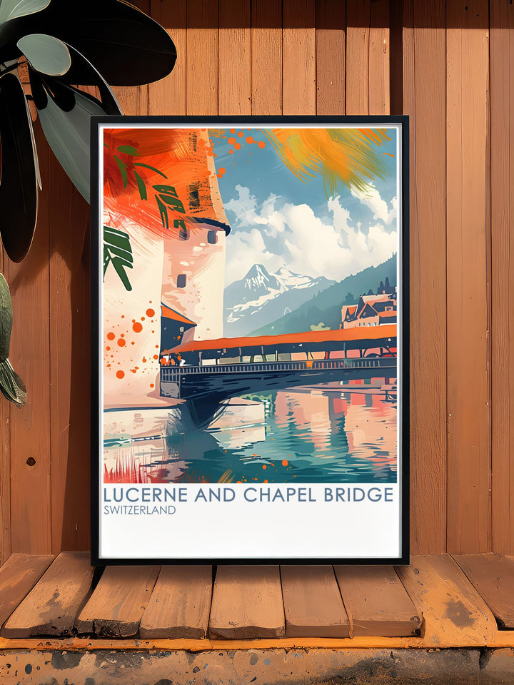 Lauterbrunnen Poster presenting the serene Swiss landscape alongside Lucerne and Chapel Bridge perfect wall decor ideal for travelers and art enthusiasts looking to add unique pieces to their collection