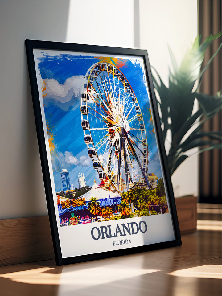 Florida travel poster highlighting the exciting attractions of Orlando, including the Orlando Eye and ICON Park. This sleek and refined design captures the essence of Floridas adventure and charm, making it an excellent choice for travelers and fans of the Sunshine State. Available in framed or digital formats.