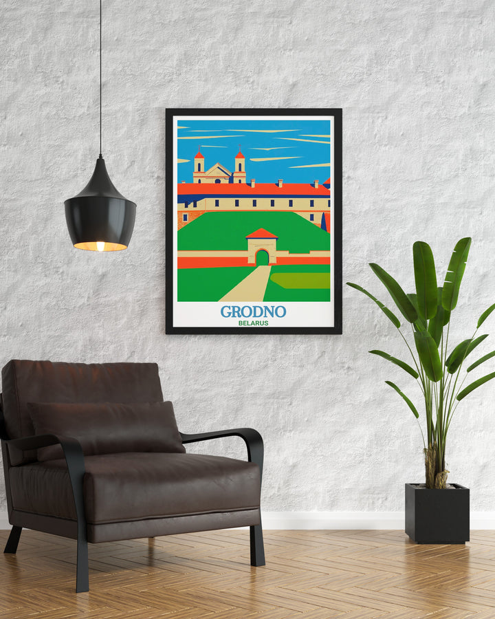 This Grodno travel print features the stunning New Grodno Castle, a symbol of Belarusian history and architecture. Perfect for anyone who admires European landmarks, this poster brings the elegance of Grodno into your home, making it an ideal piece of wall art or a thoughtful gift.