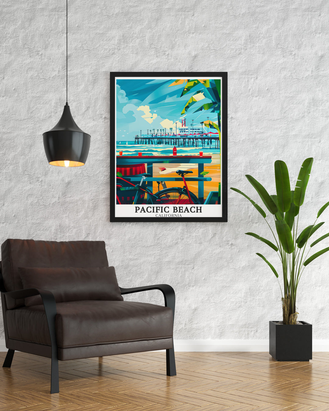 Showcasing the timeless charm of Pacific Beach, this travel poster highlights Crystal Pier and the Boardwalk. Perfect for those looking to add a touch of Californias beach culture to their home, its a great piece for any coastal themed decor.