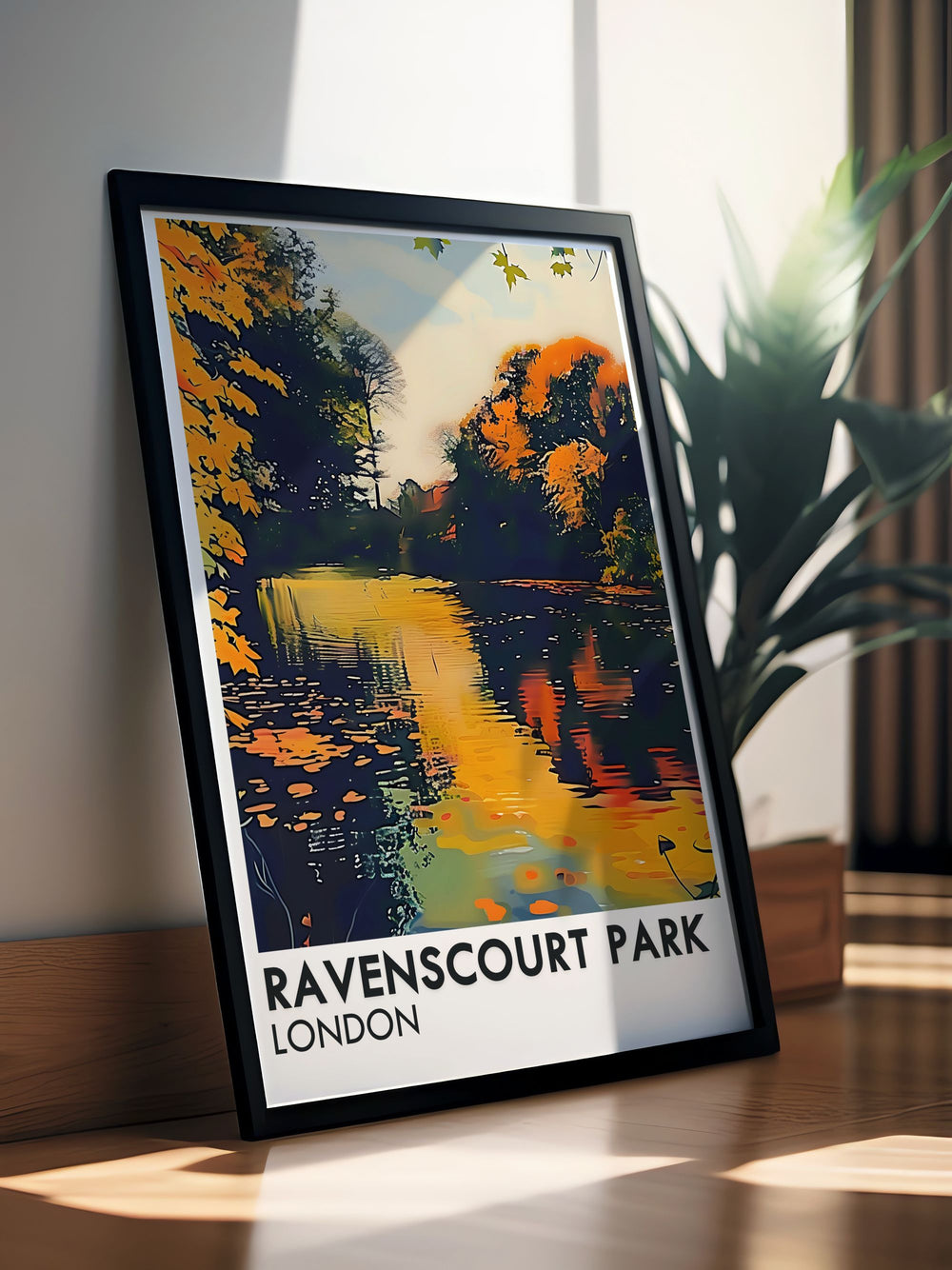 Vintage Travel Print of Ravenscourt Park Lake featuring the tranquil waters and iconic London Baobab Tree. Perfect for home decor, this print combines historical charm with natural beauty, creating a captivating scene for any room.