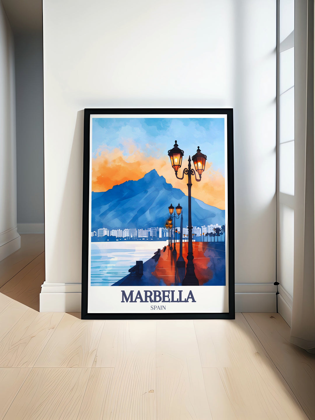 Marbella art print showcasing the vibrant Paseo Marítimo and the majestic La Concha mountain perfect for elegant home decor and capturing the essence of Mediterranean beauty