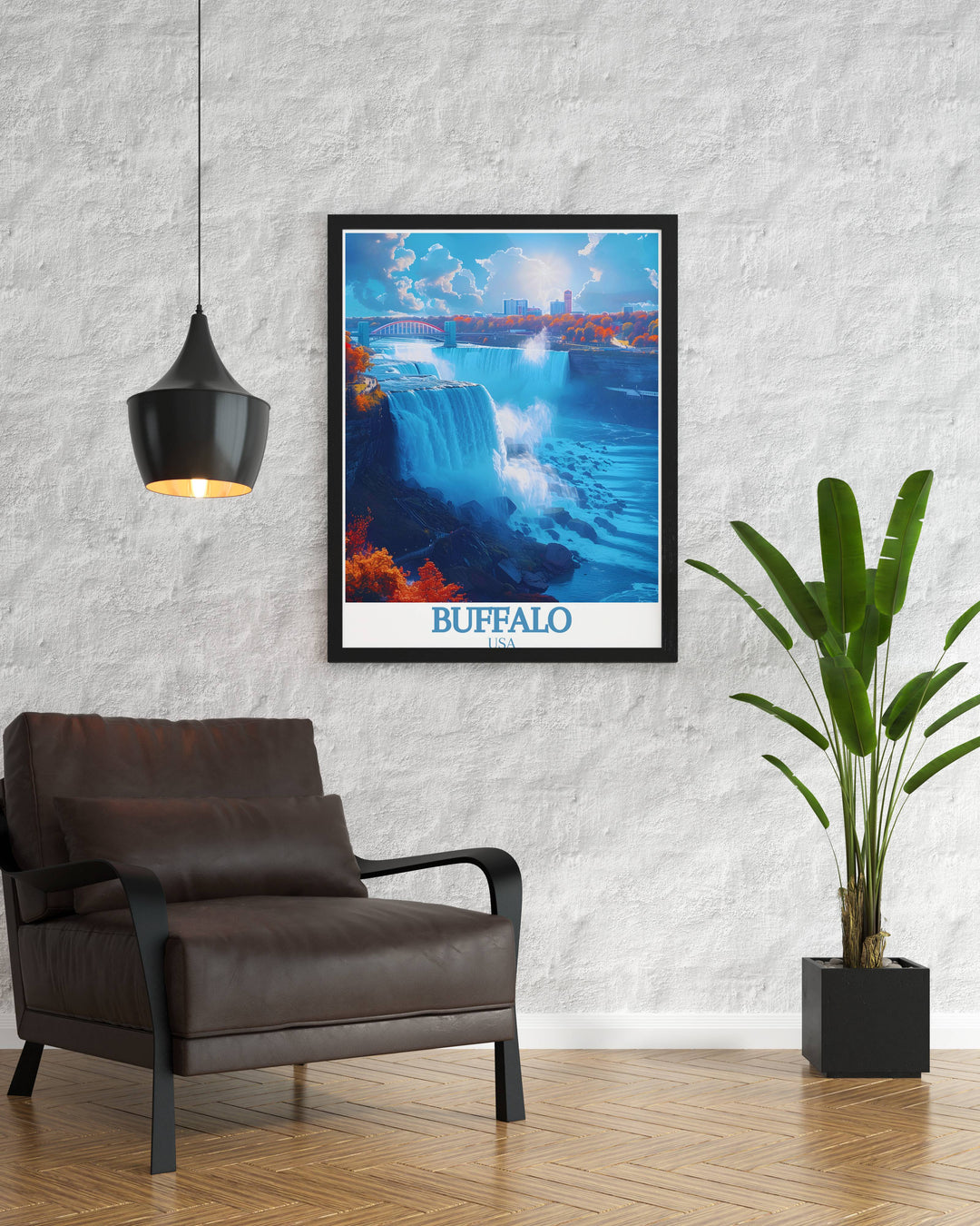 Buffalo cityscape travel poster with Niangara Falls showcasing the dynamic energy and scenic views of the city perfect for decorating your living room bedroom or office with a touch of Buffalo charm