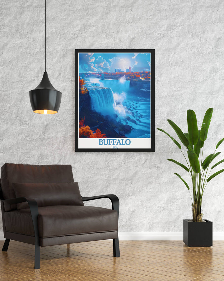 Travel poster print of Buffalo Bills Highmark Stadium with Niangara Falls scenery a great addition to any modern art collection