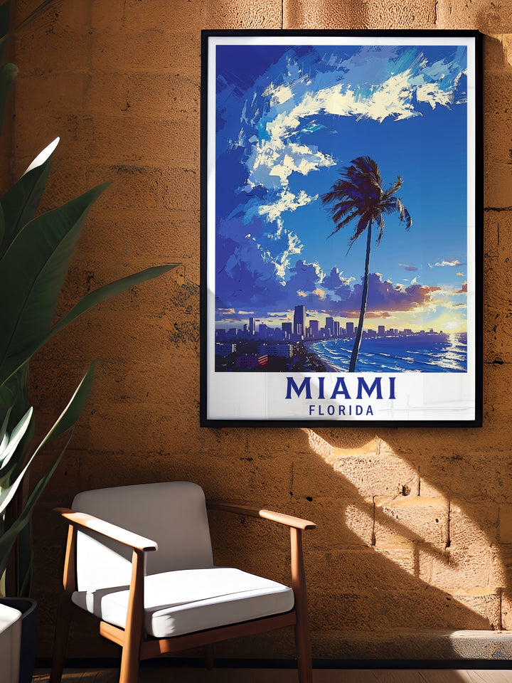 Bring the beauty of Miamis coastline into your home with this Florida Wall Art, featuring the famous Miami Beach. Its vivid depiction of palm trees and ocean views makes it a perfect addition to any beach lovers decor.