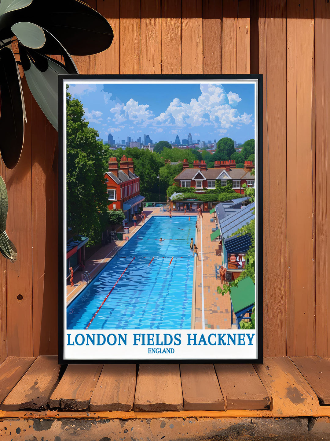 Experience the dynamic energy of East London with this detailed poster of London Fields and the historic Lido, capturing the areas lively ambiance and recreational charm, perfect for your home decor.