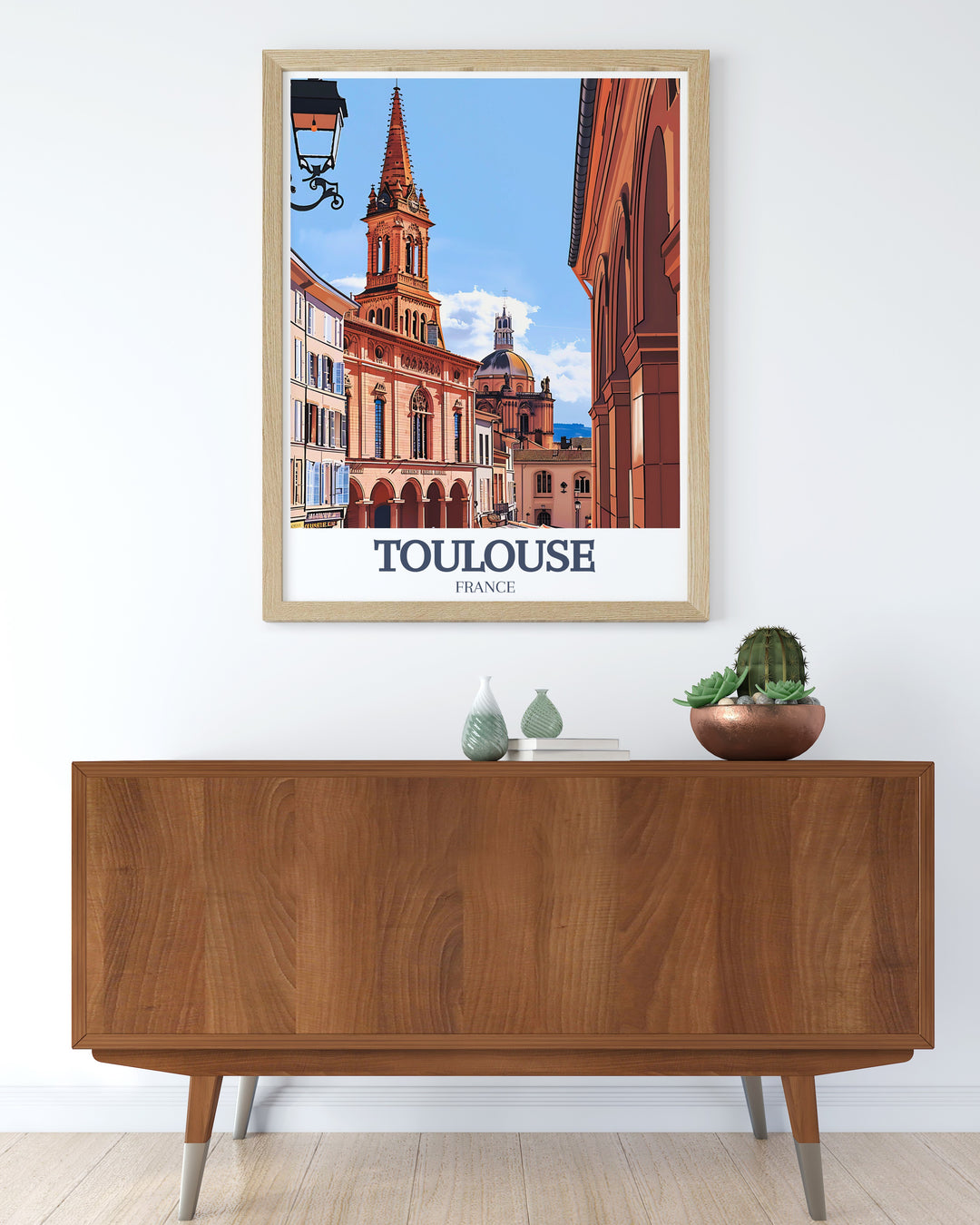 This Toulouse travel poster beautifully captures the elegance of the Place du Capitole and the historical beauty of the Basilica of Saint Sernin. Perfect for those who love French architecture and culture, this framed print brings the essence of Toulouse into your home décor.