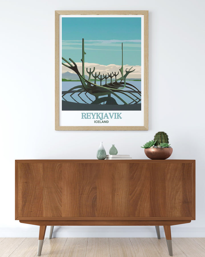 Reykjavik vintage poster highlighting the Sun Voyager and the rich cultural tapestry of Icelands capital. This custom print is ideal for travelers, art enthusiasts, and those who cherish Icelandic landscapes.