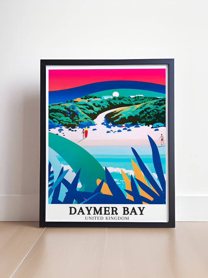 Daymer Bays golden sands and gentle waves are beautifully illustrated in this travel print, providing a calming and peaceful scene for any room. Ideal for those who cherish the tranquility of the English coast, this artwork adds a coastal touch to your wall decor.