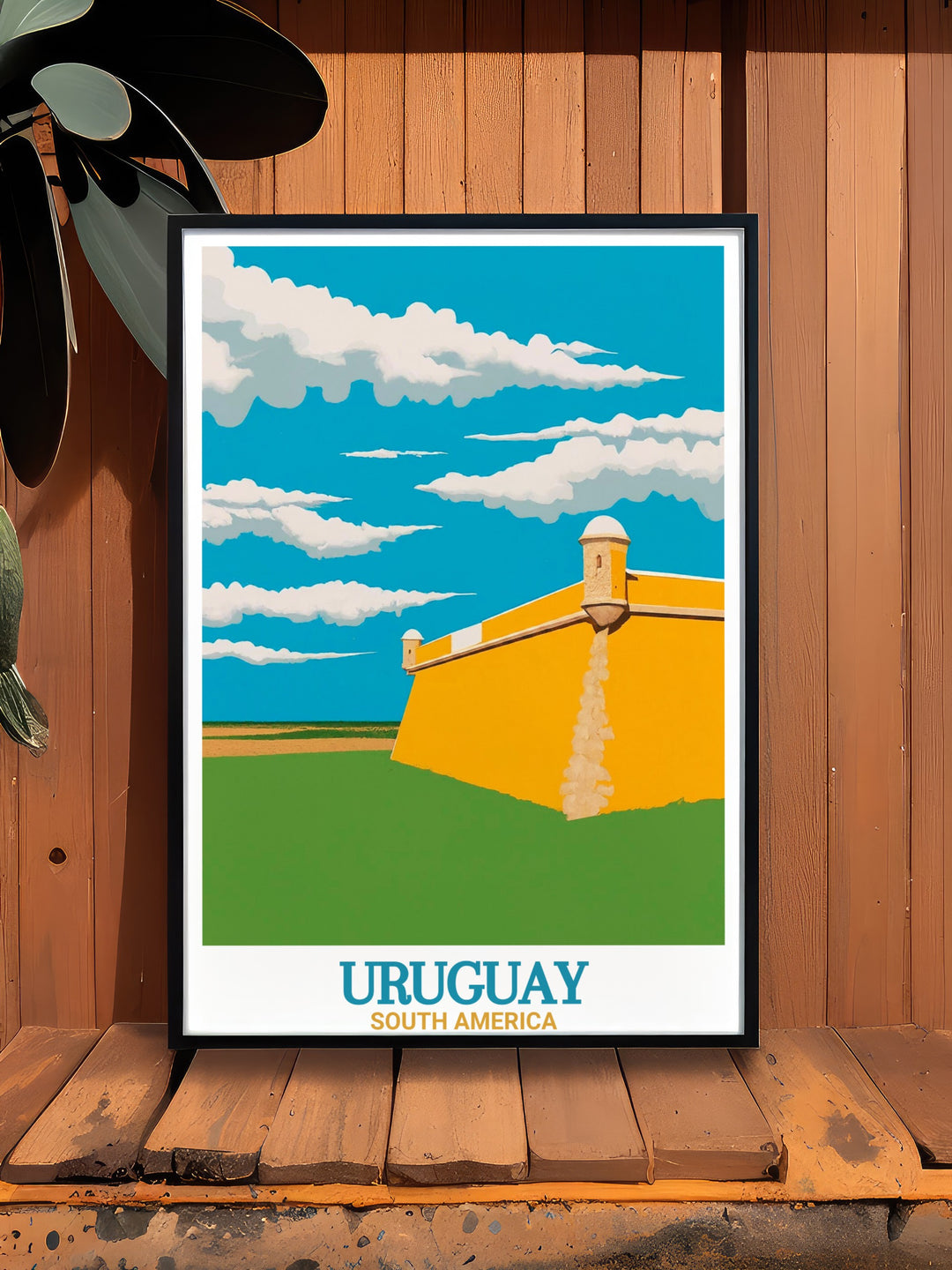 Uruguay painting depicting Montevideos bustling streets and serene coastal views Fortress of Santa Teresa framed prints offering a sophisticated touch to your living room decor with timeless beauty and classic charm.