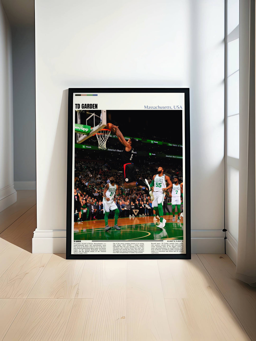 Boston Celtics Travel Poster featuring TD Garden and stars like Jaylen Brown and Marcus Smart ideal for dorm room decor and gifts for boys and dads