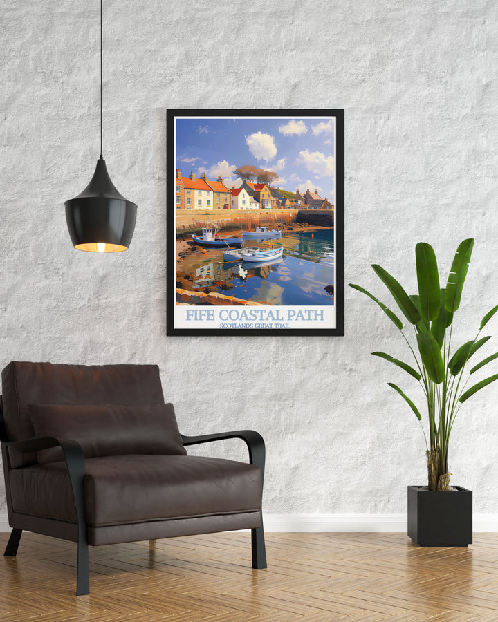 Featuring the Fife Coastal Path and Crail Harbour, this art print showcases the historic harbor and serene ocean views of one of Scotlands most unique landscapes, making it ideal for nature enthusiasts and art lovers alike.