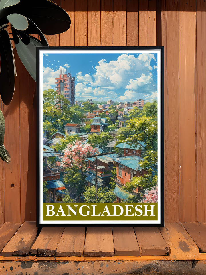 This vibrant travel poster showcases the architectural beauty and lively atmosphere of Dhaka, perfect for adding a touch of Bangladeshs urban spirit to your walls.