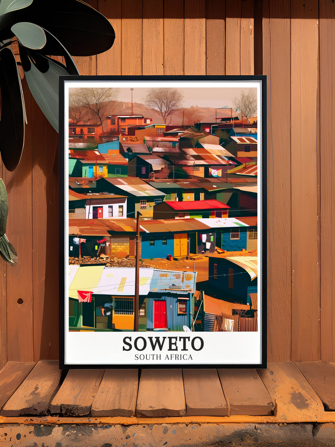 Vintage Poster of Sowetos slum township, emphasizing the blend of cultural influences and the historical struggles that have shaped this iconic area of Gauteng Province, ideal for collectors of meaningful art.