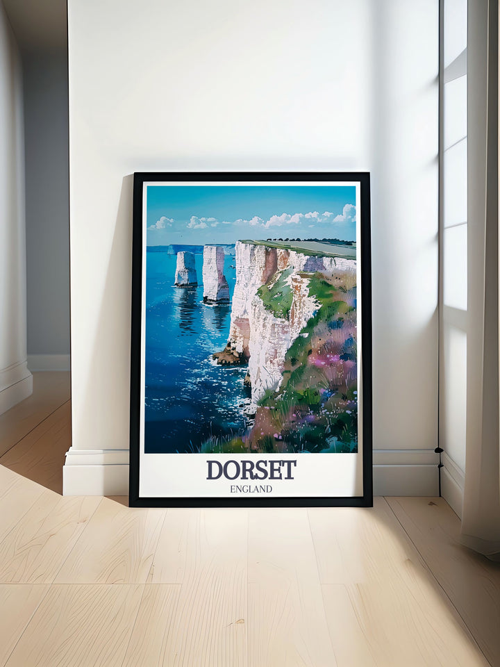 This travel poster captures the dramatic beauty of Dorsets Jurassic Coast, highlighting its stunning cliffs and rich geological history.