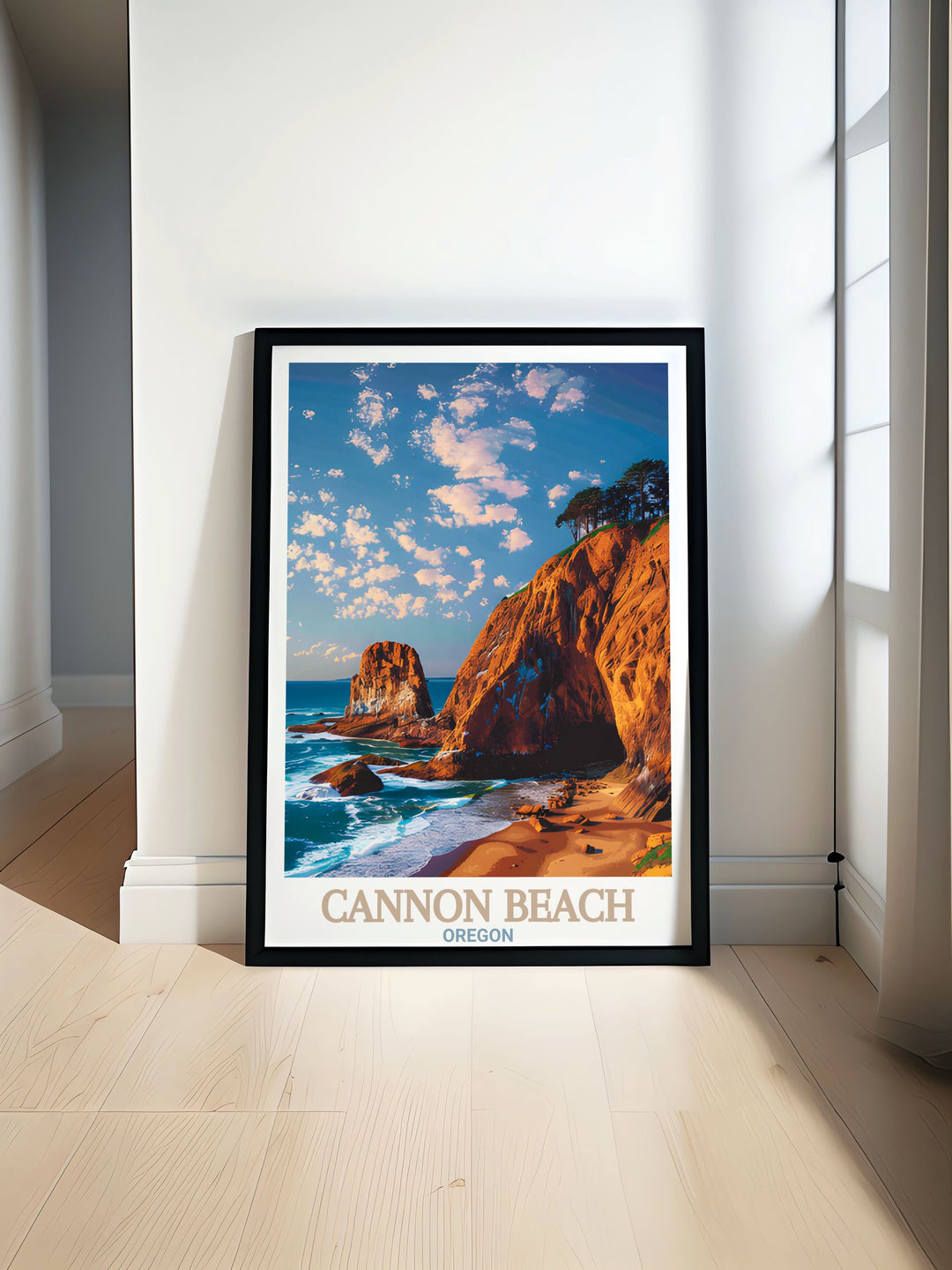 Colorful Cannon Beach wall art featuring Haystack Rock in vibrant detail perfect for adding coastal charm to any room and enhancing your home decor with its stunning depiction of the iconic landmark