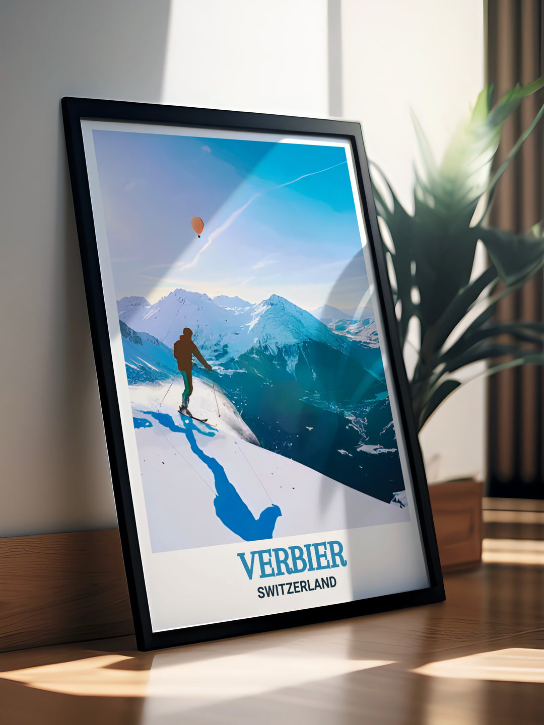 This framed Verbier art print offers a detailed look at the Swiss Alps, showcasing the famous Verbier Ski Resort. Ideal for home decor or as a unique gift, this travel poster evokes memories of thrilling ski adventures.