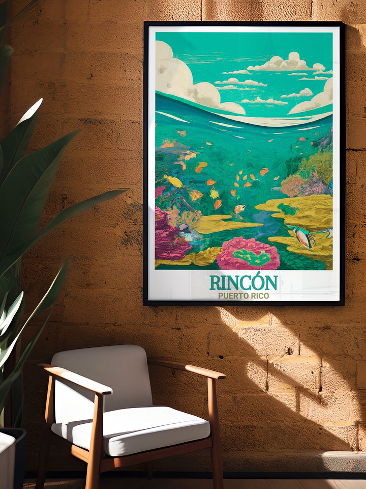 Detailed poster print featuring Rincon Beach and Tres Palmas Marine Reserve in California. Ideal for beach lovers and conservation enthusiasts, this artwork brings the serene coastal atmosphere into your home with stunning colors and vivid details.