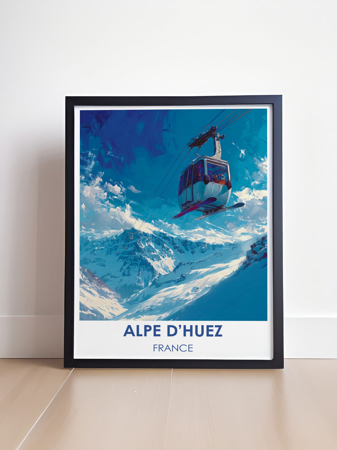 Wall art capturing the ascent of Téléphérique de Pic Blanc, showcasing the cable car journey amidst the stunning French Alps.