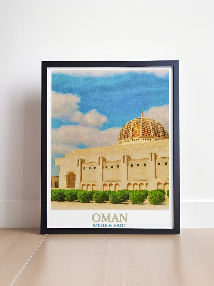 The Sultan Qaboos Grand Mosque in Oman comes to life in this vibrant travel poster print. Ideal for adding cultural charm to your home, this artwork offers a beautiful representation of one of the Middle Easts most iconic landmarks.