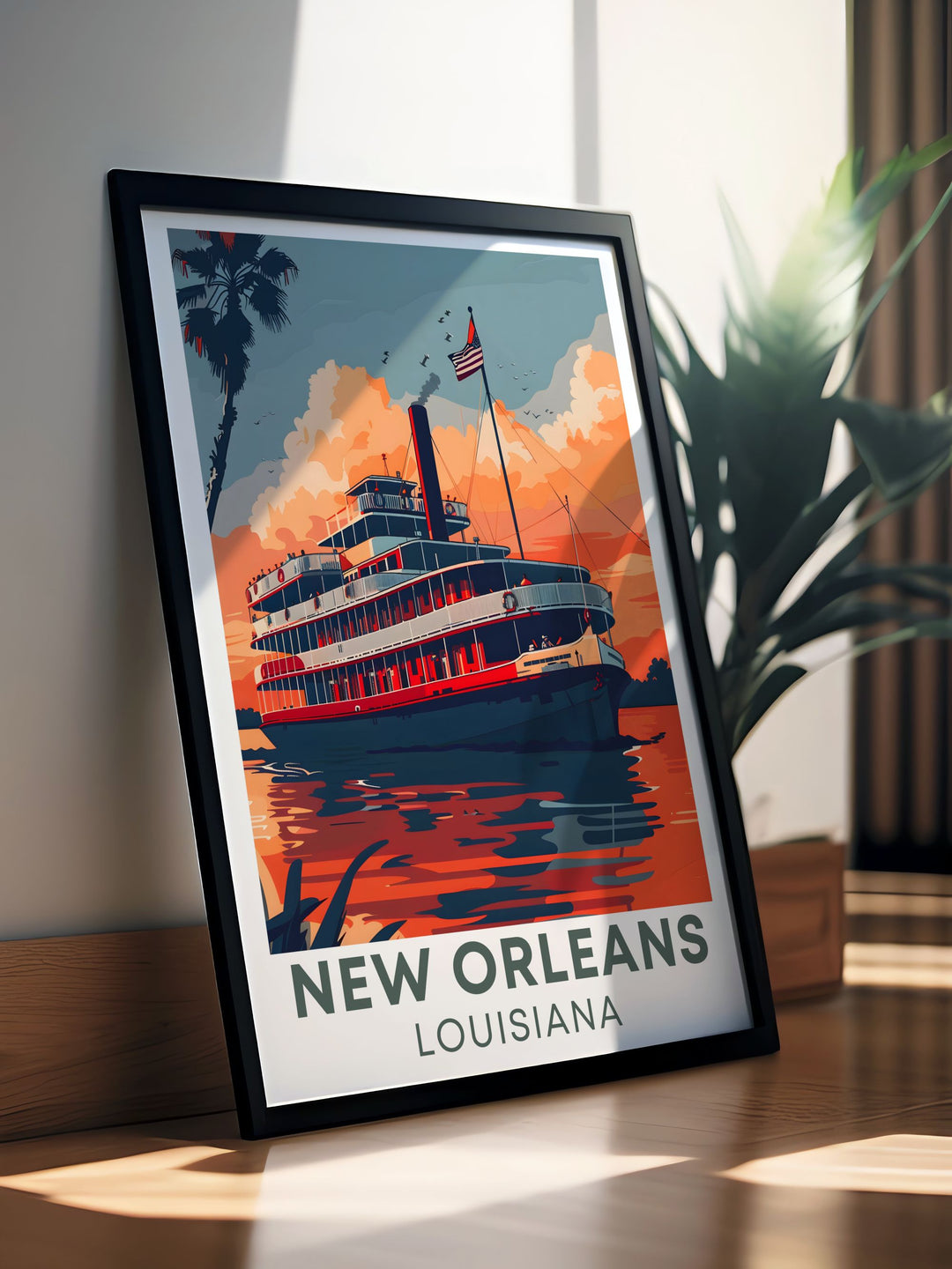 Beautiful Steamboat Natchez travel poster capturing the essence of New Orleans in rich colors perfect for adding a touch of Louisiana charm to your home decor or as a thoughtful gift for someone who loves this iconic city