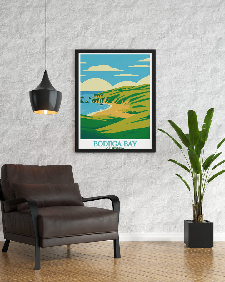Bodega Bay map print offering a unique and artistic representation of Bodega Bay and Doran Regional Park. This piece is great for adding a nautical touch to your decor and celebrating your love for California travel.