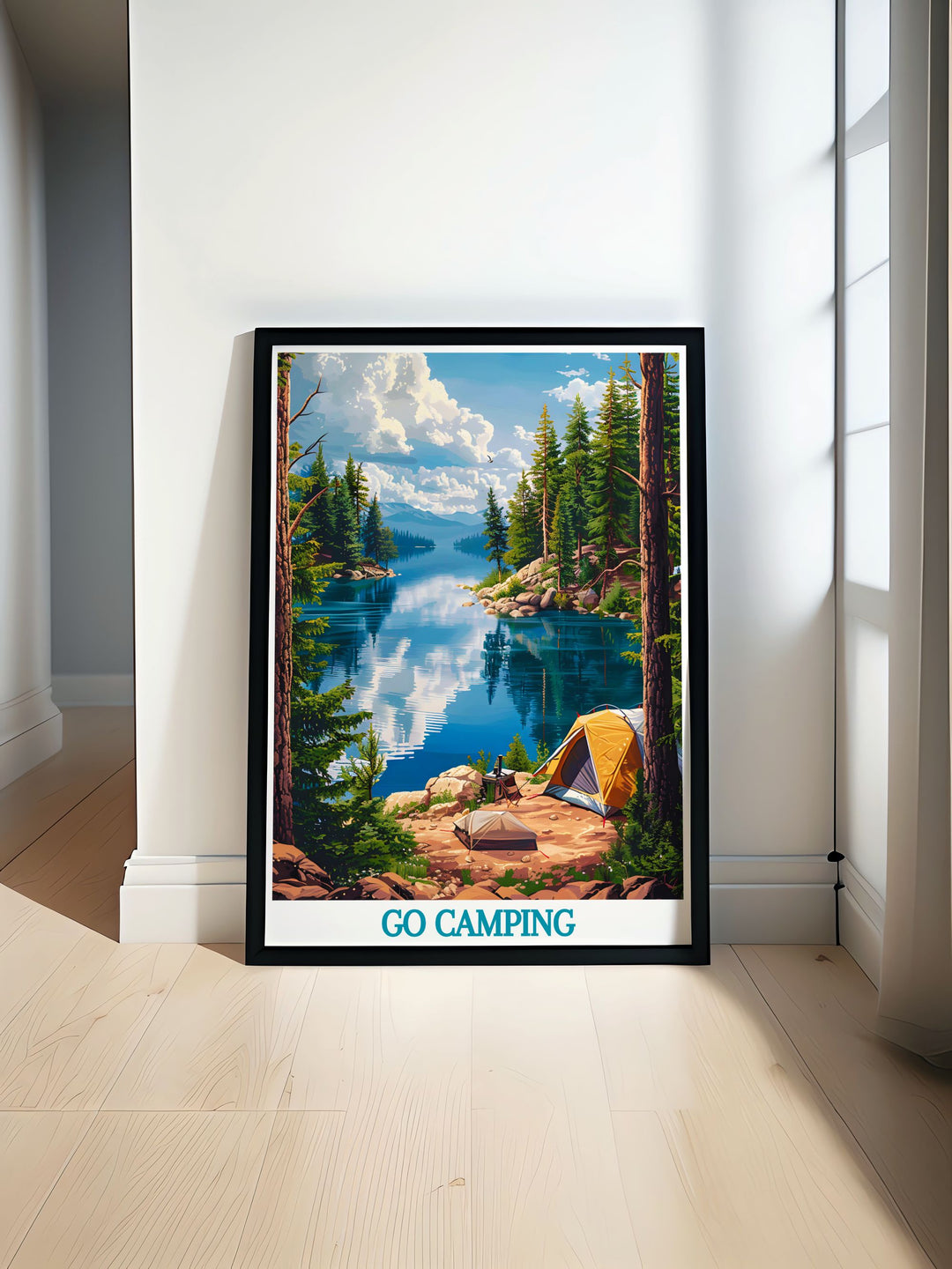 Custom print of a peaceful camping site by a river, illustrating the beauty of outdoor adventures and the simplicity of vanlife, ideal for those who appreciate nature and freedom.