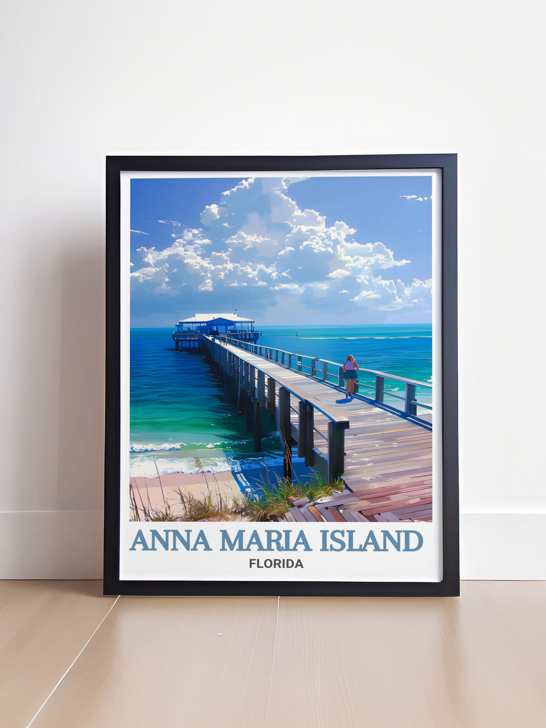 Elegant Florida wall art featuring Anna Maria City Pier perfect for transforming your living room with a coastal vibe. This travel print highlights the serene beauty of Florida with soft tones and a modern aesthetic suitable for any interior design.