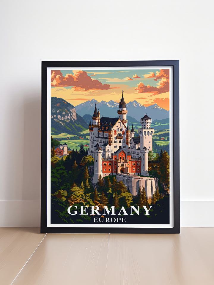 This Germany travel print, featuring Neuschwanstein Castle and Berlin, showcases two of the countrys most beloved landmarks. Ideal for home or office decor, it celebrates both fairy tale castles and bustling urban landscapes.