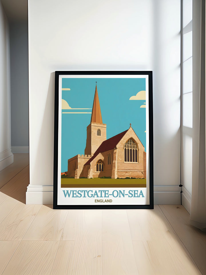 Celebrate the beauty of Westgate on Sea with this Kent wall art, highlighting the timeless elegance of St. Saviours Church. This travel print makes a wonderful addition to any room, showcasing the serene coastal landscapes and historic architecture of the town.