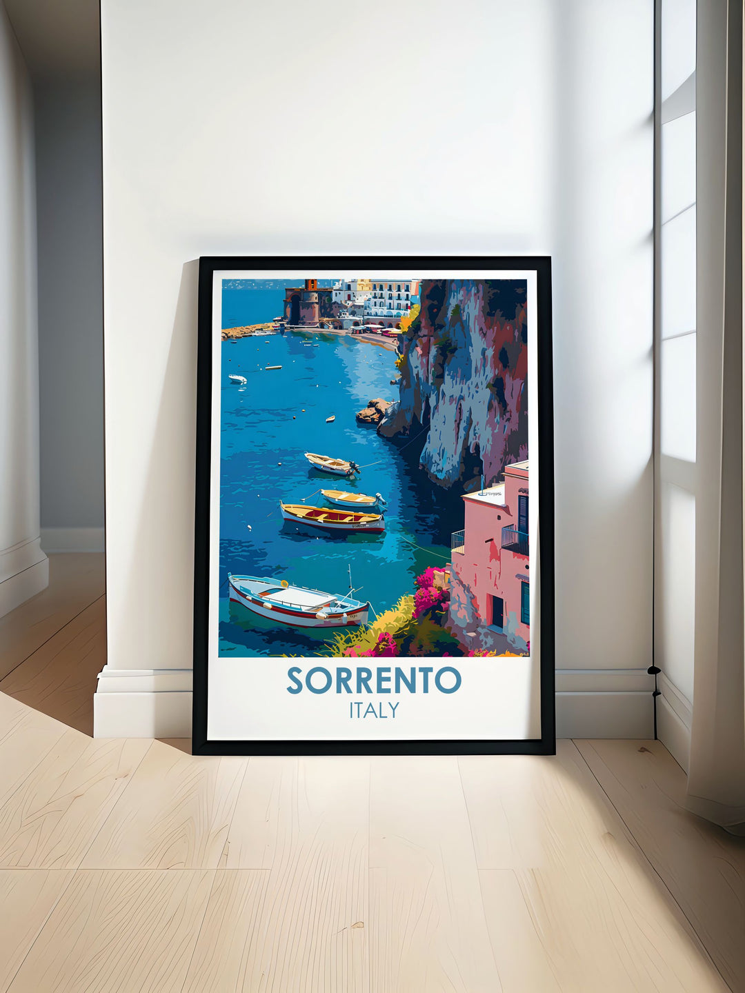 Sorrento travel poster featuring Marina Grande mountain and colorful fishing boats perfect for adding Italian charm to any space. Detailed Italy print capturing the essence of Sorrento Italy with vibrant colors and intricate design ideal for travel enthusiasts and home decor.
