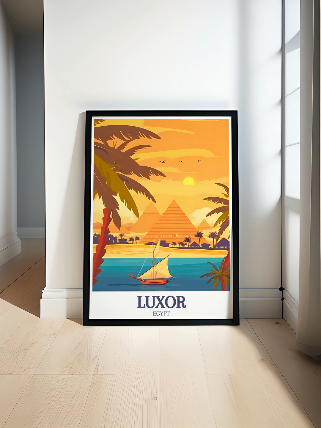 Luxor poster showcasing the Pyramids of Giza and Nile River a beautiful piece of Egypt travel art perfect for modern home decor elevate your living room with this stunning and elegant Egypt art print