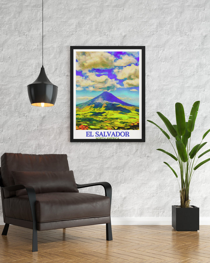 El Salvador art depicting Santa Ana Volcano in a modern style a beautiful piece for home decor and art collections capturing the majestic peaks and vibrant colors of this iconic volcano ideal for travel lovers and art enthusiasts