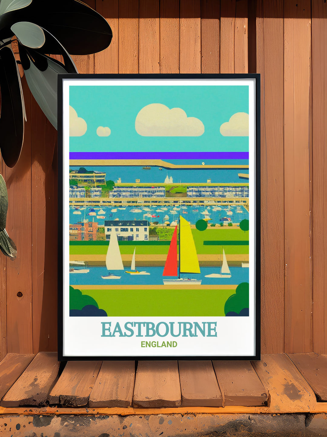 South Downs Way travel print featuring Sovereign Harbour, showcasing the tranquil marina life and sleek yachts. This art print is ideal for those who love Englands seaside towns and want to add a touch of coastal elegance to their living space.