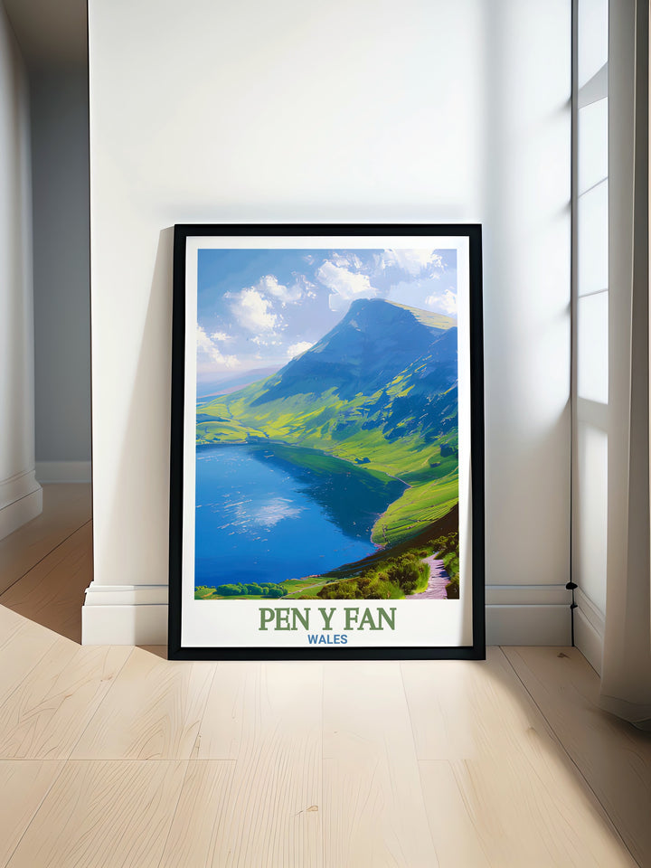 Pen y Fan Art Print featuring the iconic peak and the tranquil waters of Llyn y Fan Fawr. This wall art captures the wild landscapes of Wales, making it a beautiful piece for those who admire the outdoor wonders of the Brecon Beacons.