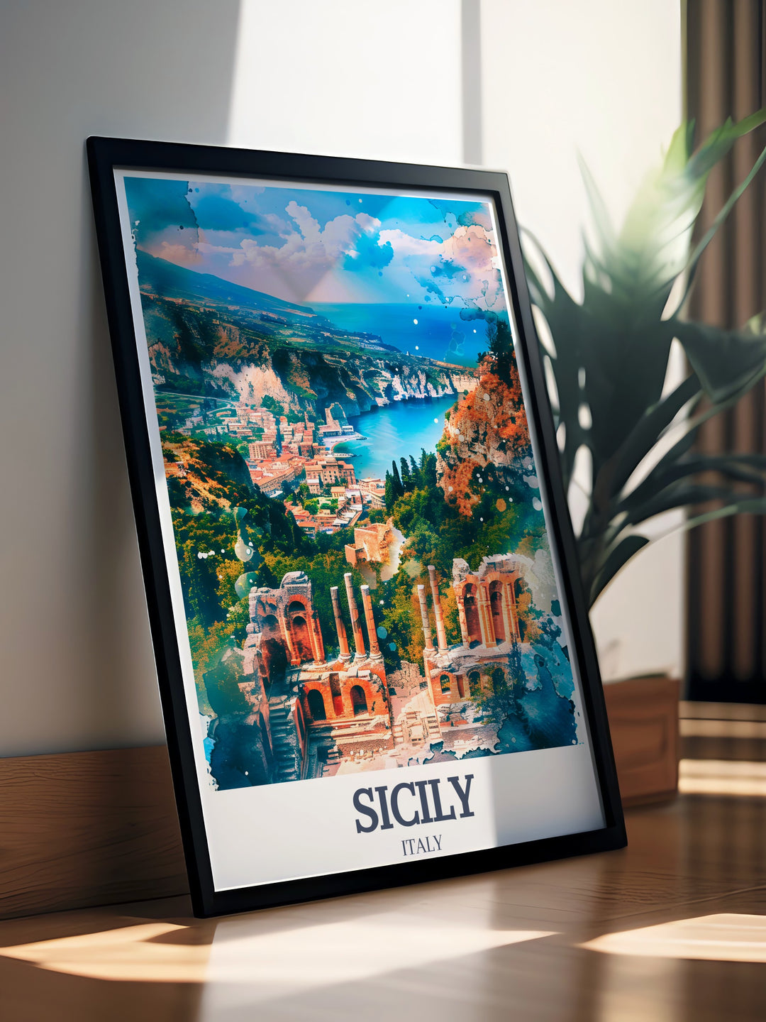 Bring Sicilys iconic landmarks, the Valley of the Temples and Teatro Antico di Taormina, into your home with this travel print. The intricate details and vibrant colors make it the perfect décor for art and history lovers.