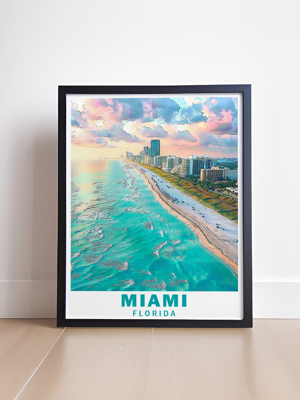 Celebrate the unique atmosphere of South Beach with this Miami Wall Art, which combines the beauty of the beach with Miamis renowned Art Deco architecture. A perfect piece for those who love to travel and cherish Miamis unique energy.