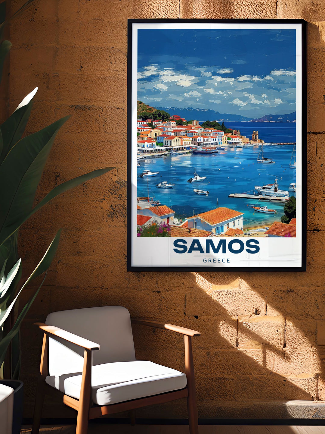 Our Samos travel poster showcases the coastal beauty of Pythagoreio, a historic town on the island of Samos. This artwork is ideal for those who love Greek history and the stunning Aegean landscapes, making it a perfect addition to any space.