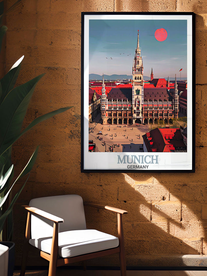 Celebrate the beauty of Munich with this Marienplatz Travel Print. Featuring the iconic New Town Hall in the citys central square, this artwork is ideal for those who love history, architecture, and European travel.