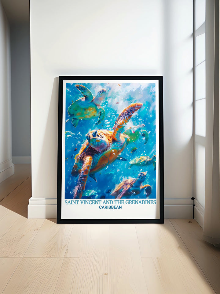 Travel print of Saint Vincent and the Tobago Cays, showcasing the breathtaking beauty of the Caribbean. This piece is ideal for adding a touch of tropical paradise to your walls, whether at home or in the office.