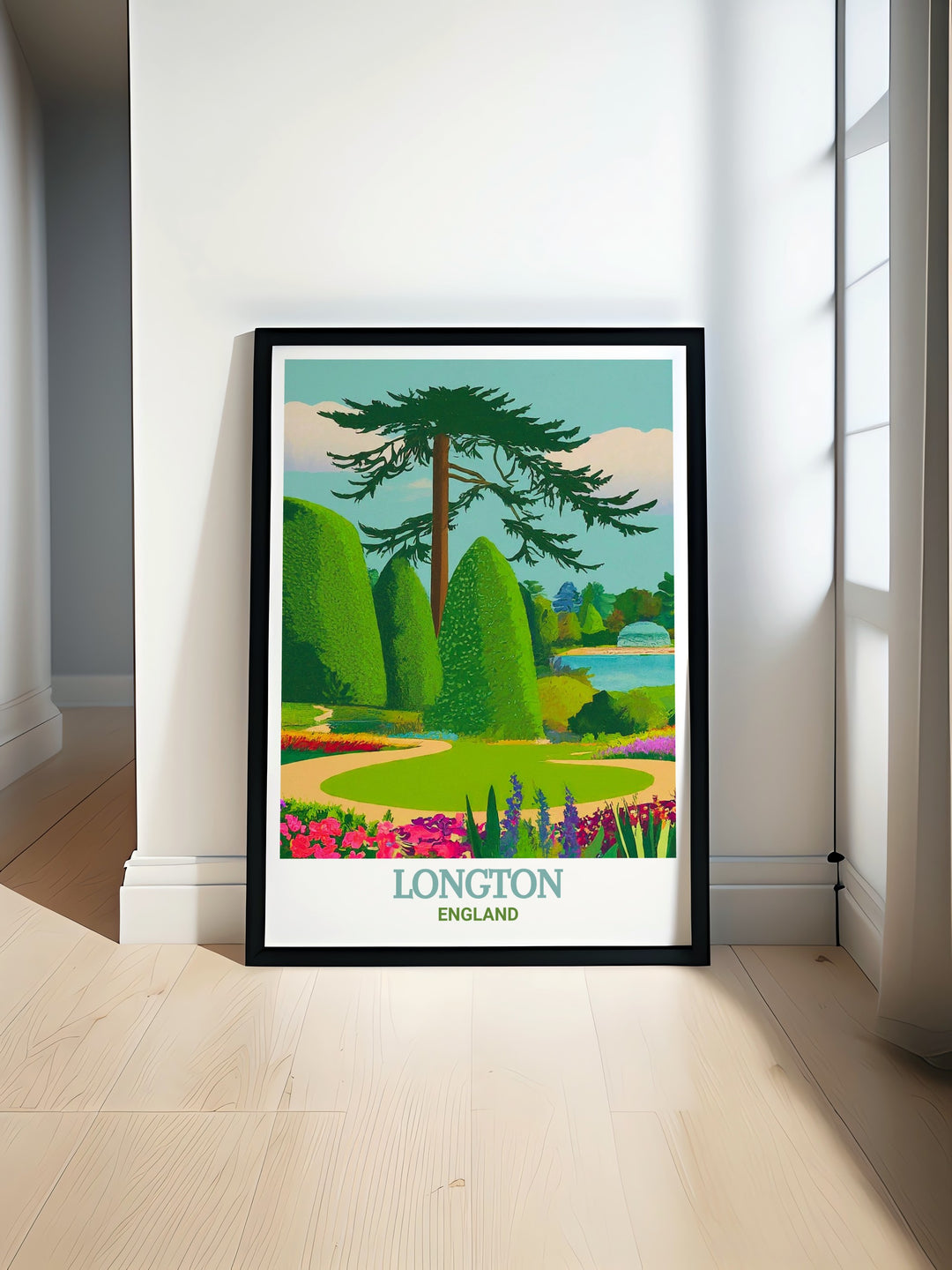 Trentham Gardens travel poster, highlighting the beauty and tranquility of this historical site in Stoke on Trent. Perfect for those who appreciate both nature and history, this wall art brings the elegance of Trentham Gardens into your home.