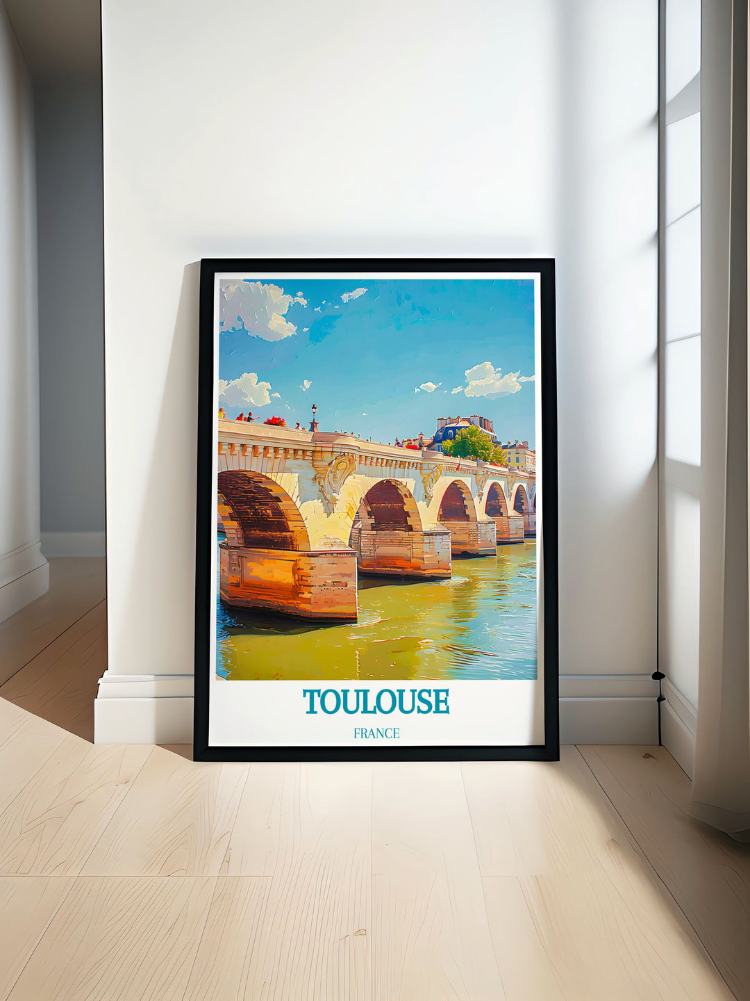Step back in time with this stunning travel poster of Pont Neuf in Toulouse, showcasing the bridges historical significance and architectural beauty.